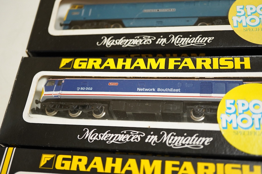 Four boxed Graham Farish N gauge railway diesel locomotives; a Network SouthEast class 50, Superb 50 002 (8408), a BR class 56, 56076 (8055), a BR class 52, Western Gauntlet D1070, (8425) and a BR class 52, Western Conso